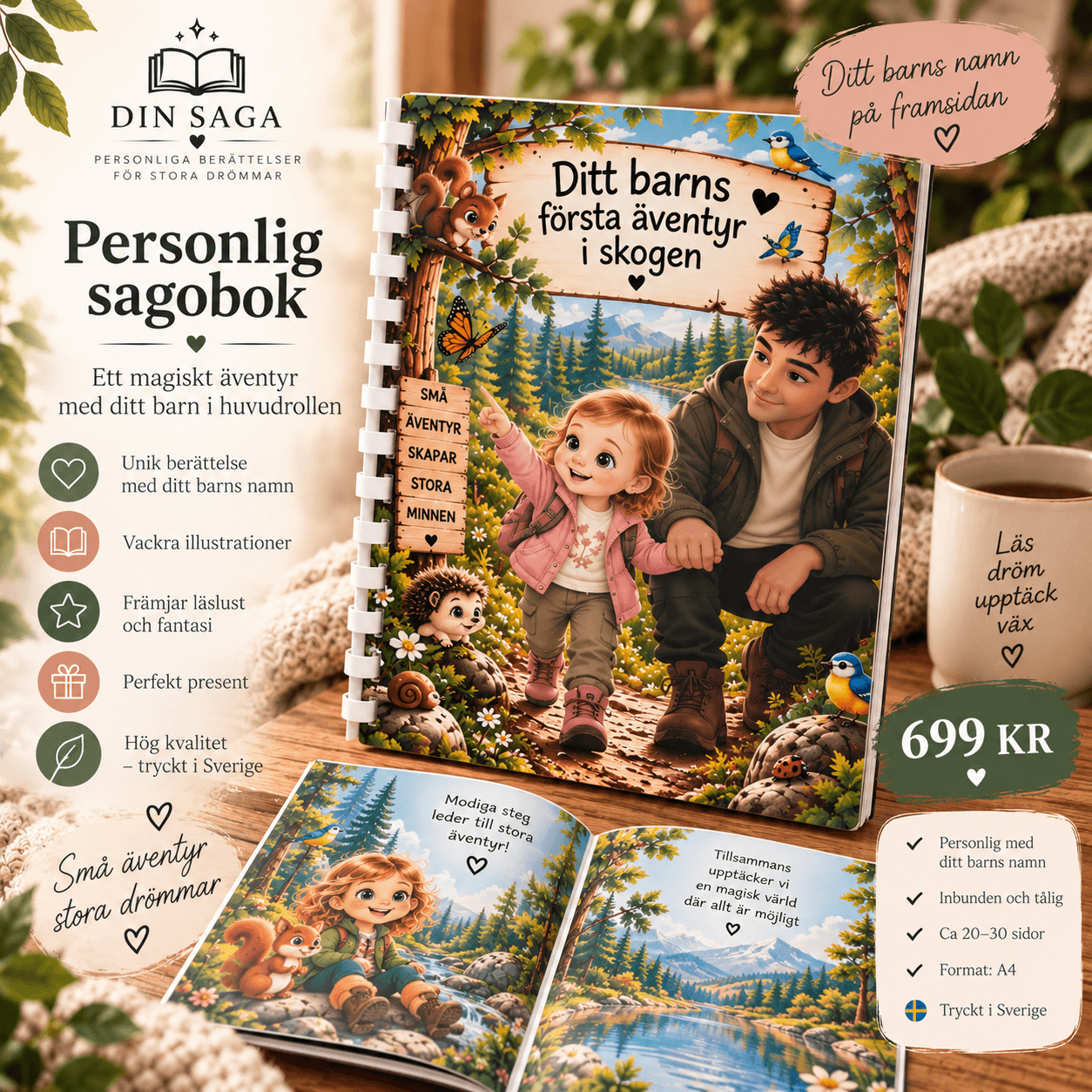 Personlig DIN SAGA-sagobok med barnets namn och illustrerad berättelse