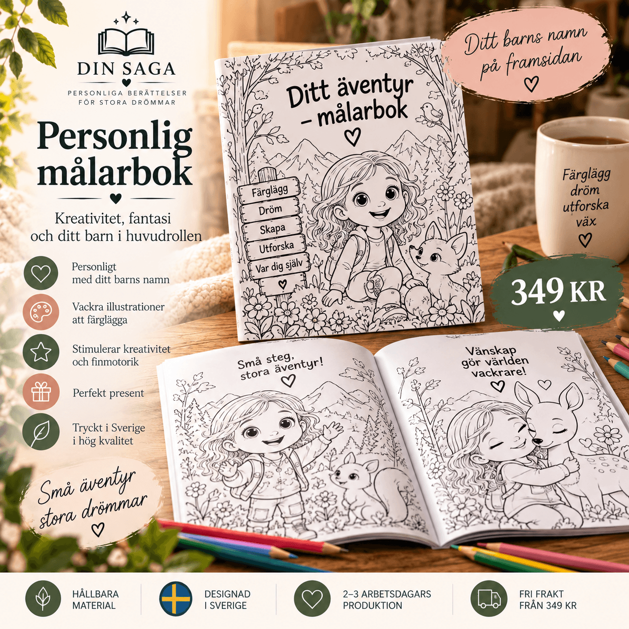 Personlig målarbok med barnets namn och illustrerade sidor