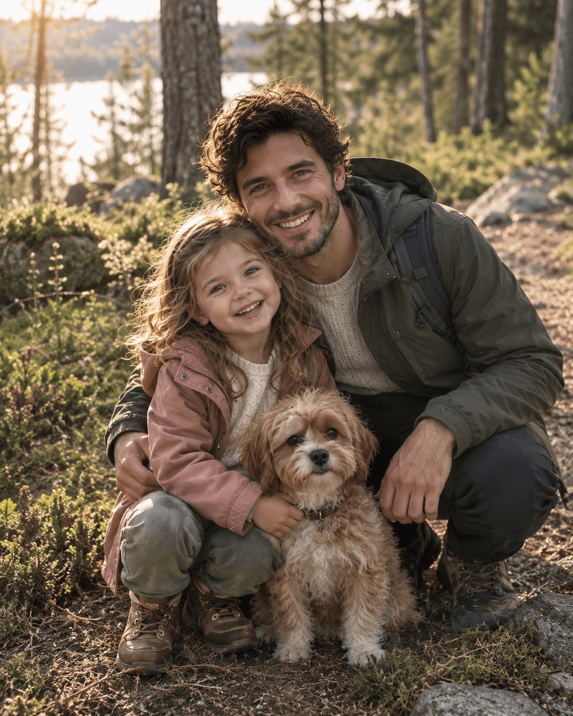 Ett familjeögonblick i skogen med barn, förälder och hund
