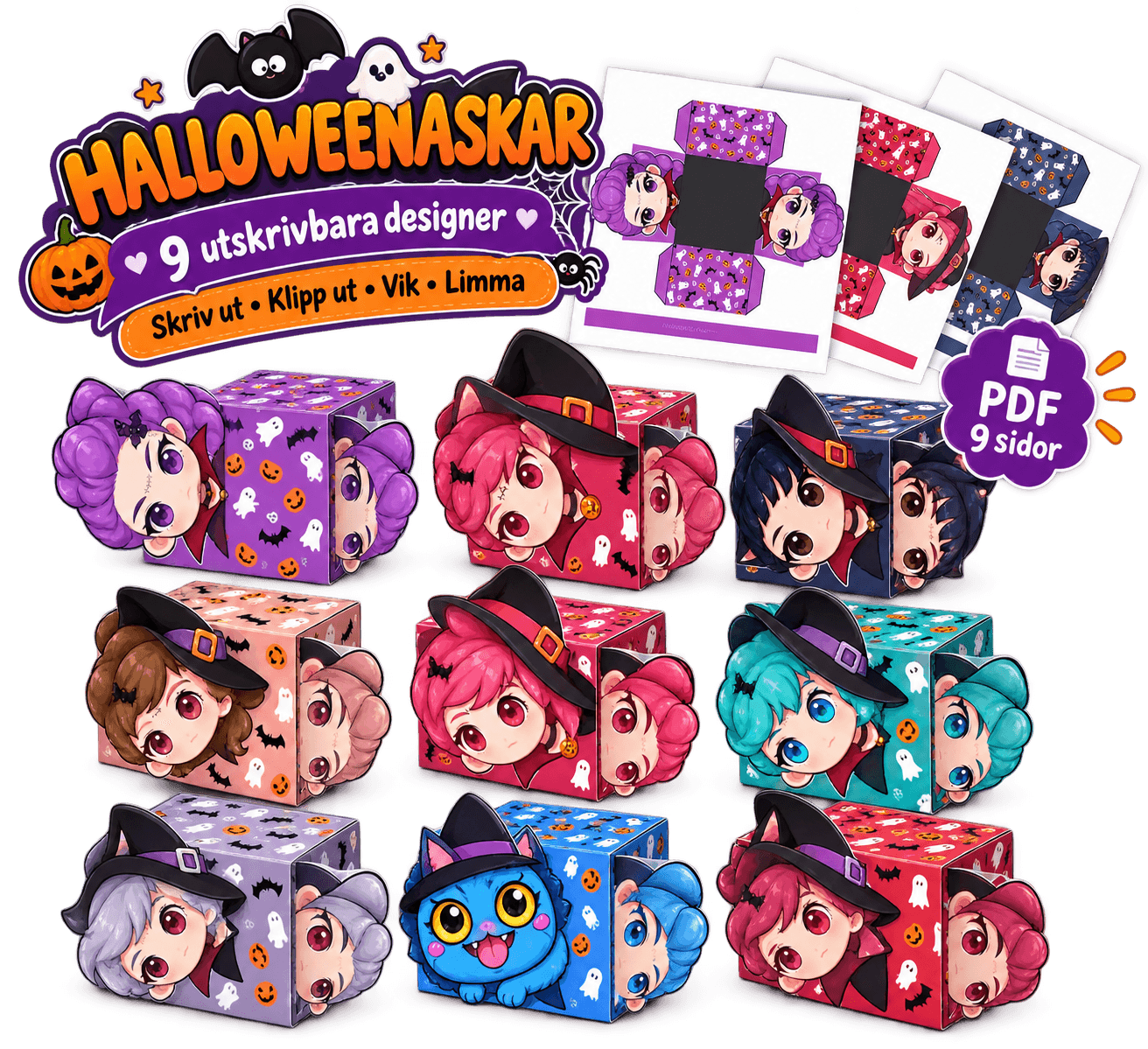 Halloweenaskar med 9 utskrivbara designer